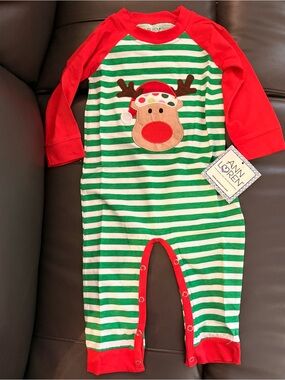 Ann Loren Green & Red Striped Reindeer Baby One-Piece